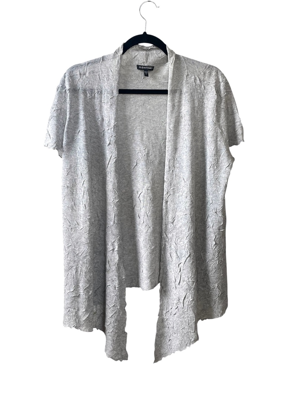 Eileen Fisher Crinkle Open Front Short Sleeve Cardigan Grey L